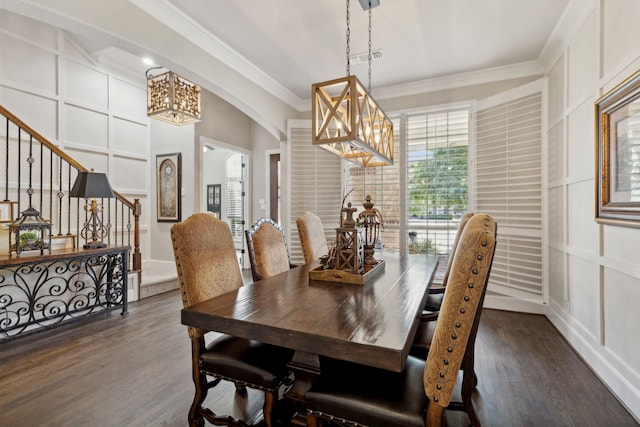 850 Long Valley Ct, Prosper, TX 75078 - dining room with a chandelier, a decorative wall, stairway, crown molding, and dark wood finished floors