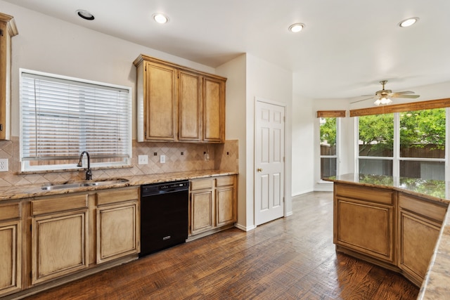 10008 Preston Vineyard Dr, Frisco, TX 75035 - kitchen featuring black dishwasher, a sink, a ceiling fan, tasteful backsplash, and light stone counters