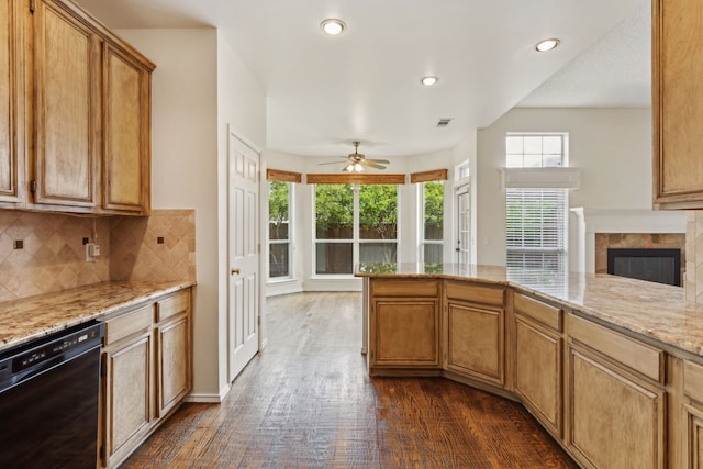 10008 Preston Vineyard Dr, Frisco, TX 75035 - kitchen featuring dishwasher, tasteful backsplash, dark wood finished floors, a tile fireplace, and ceiling fan