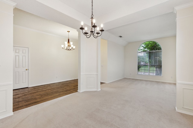 10008 Preston Vineyard Dr, Frisco, TX 75035 - carpeted empty room with a chandelier, vaulted ceiling, and baseboards