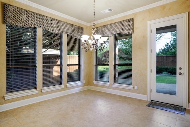 1727 Lantana Ln, Frisco, TX 75033 - unfurnished dining area with ornamental molding, a chandelier, plenty of natural light, and light tile patterned flooring