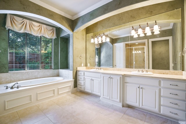 1727 Lantana Ln, Frisco, TX 75033 - full bathroom with crown molding, a bath, a shower stall, double vanity, and tile patterned flooring