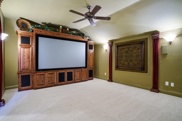 1727 Lantana Ln, Frisco, TX 75033 - home theater featuring lofted ceiling, light colored carpet, ceiling fan, and baseboards