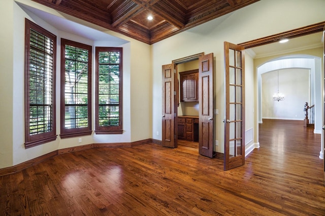 1727 Lantana Ln, Frisco, TX 75033 - unfurnished room with ornamental molding, dark wood-style floors, coffered ceiling, baseboards, and french doors