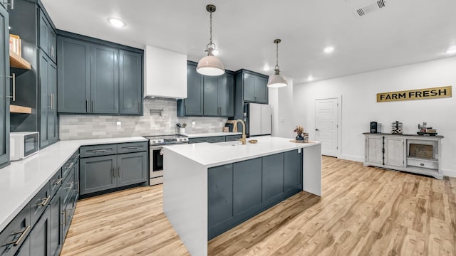 kitchen featuring white appliances, light countertops, a sink, backsplash, and light wood-type flooring