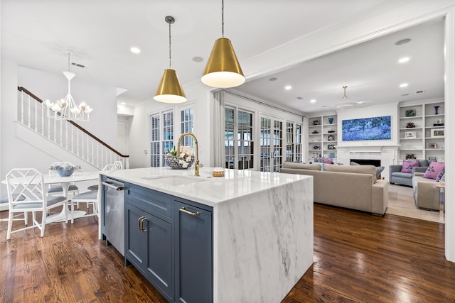 3428 Stanford Ave, University Park, TX 75225 - kitchen with a sink, dark wood finished floors, a chandelier, dishwasher, and recessed lighting