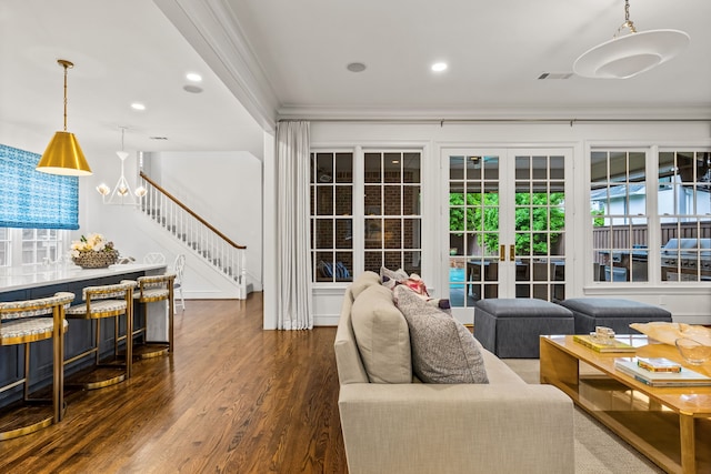 3428 Stanford Ave, University Park, TX 75225 - living room featuring ornamental molding, wood finished floors, stairway, french doors, and recessed lighting