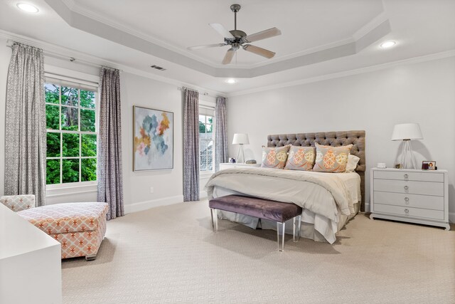 3428 Stanford Ave, University Park, TX 75225 - bedroom featuring ornamental molding, light carpet, a tray ceiling, recessed lighting, and baseboards