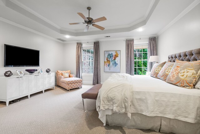 3428 Stanford Ave, University Park, TX 75225 - carpeted bedroom featuring a tray ceiling, crown molding, ceiling fan, and recessed lighting