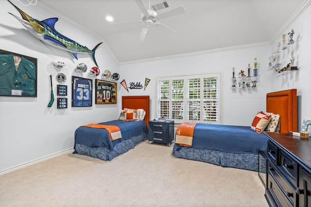 3428 Stanford Ave, University Park, TX 75225 - bedroom featuring ornamental molding, carpet flooring, vaulted ceiling, ceiling fan, and recessed lighting
