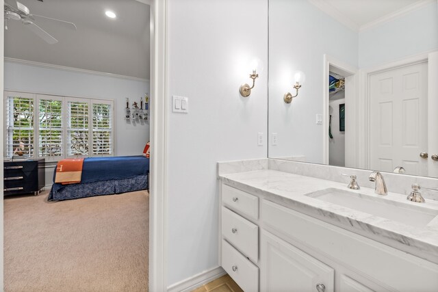 3428 Stanford Ave, University Park, TX 75225 - bathroom featuring ornamental molding, ceiling fan, and vanity