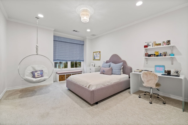 3428 Stanford Ave, University Park, TX 75225 - bedroom featuring carpet flooring, crown molding, recessed lighting, baseboards, and an office area
