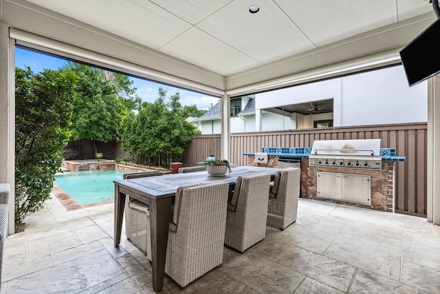 3428 Stanford Ave, University Park, TX 75225 - view of patio / terrace with a fenced backyard, outdoor dining space, area for grilling, and a pool with connected hot tub