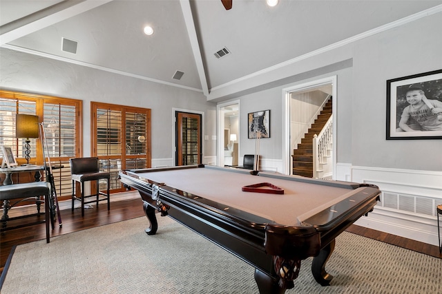 6701 Timothy Dr, Plano, TX 75023 - playroom featuring billiards, wood finished floors, high vaulted ceiling, ornamental molding, and beam ceiling