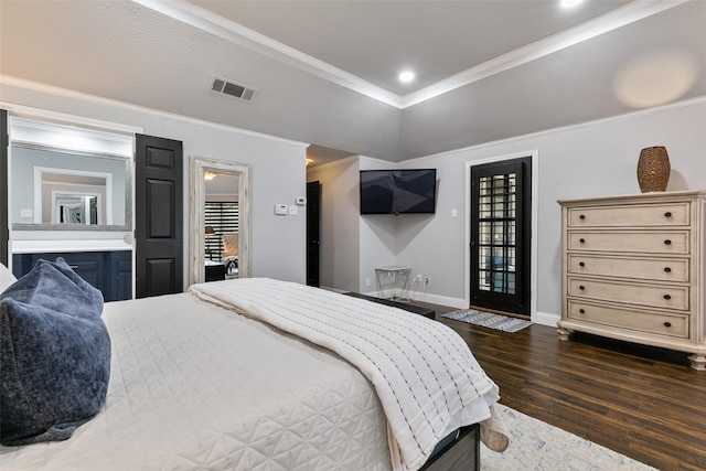 6701 Timothy Dr, Plano, TX 75023 - bedroom featuring wood finished floors, ornamental molding, baseboards, access to outside, and ensuite bathroom