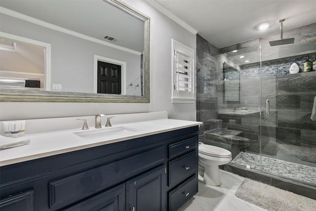 6701 Timothy Dr, Plano, TX 75023 - full bath with toilet, vanity, ornamental molding, and a stall shower