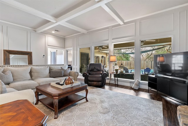 6701 Timothy Dr, Plano, TX 75023 - living room featuring a decorative wall, wood finished floors, beam ceiling, and coffered ceiling