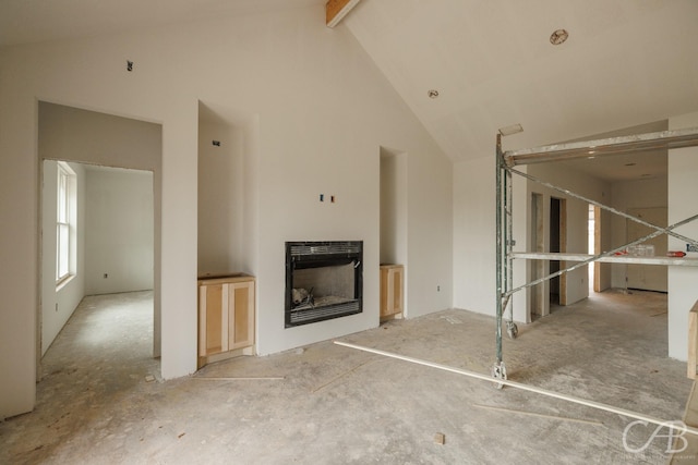 7507 Salerno Ct, Abilene, TX 79606 - unfurnished living room with high vaulted ceiling, a fireplace, and beamed ceiling
