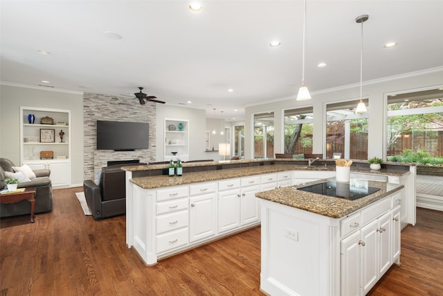 kitchen with open floor plan, black electric stovetop, a center island, healthy amount of natural light, and crown molding