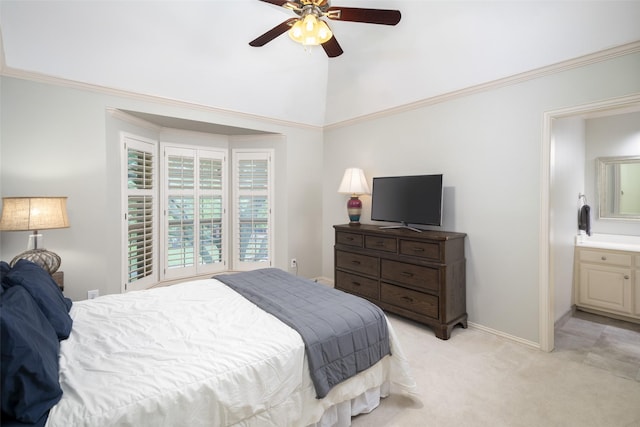 bedroom with light carpet, lofted ceiling, baseboards, ceiling fan, and ornamental molding