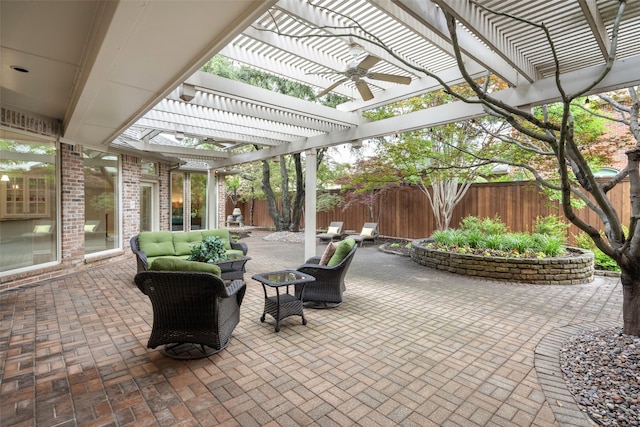 view of patio / terrace featuring a pergola, a fenced backyard, a ceiling fan, and outdoor lounge area