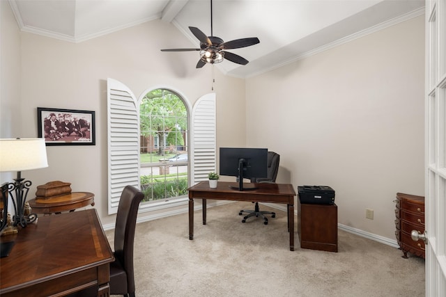office space with light colored carpet, ceiling fan, crown molding, and baseboards