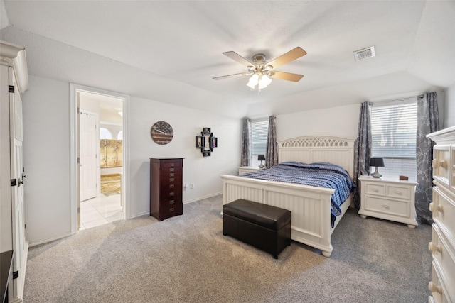 4204 Twilight Dr S, Benbrook, TX 76116 - bedroom featuring carpet, lofted ceiling, ceiling fan, connected bathroom, and baseboards