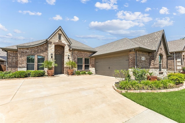 121 Quail Run Rd, Red Oak, TX 75154 - french country style house with brick siding, concrete driveway, roof with shingles, an attached garage, and stone siding