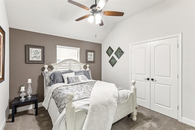121 Quail Run Rd, Red Oak, TX 75154 - bedroom featuring carpet, vaulted ceiling, a closet, baseboards, and a ceiling fan