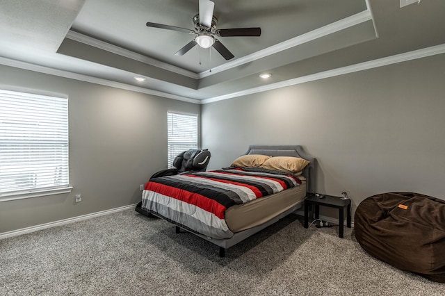 391 Paso Fino St, Waco, TX 76706 - carpeted bedroom featuring a raised ceiling, baseboards, recessed lighting, crown molding, and a ceiling fan