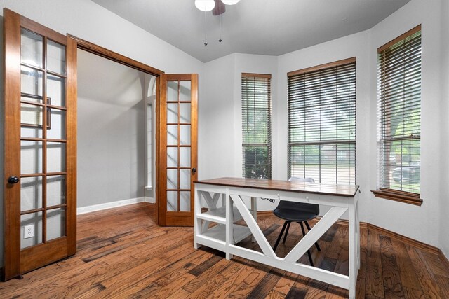 home office featuring french doors, baseboards, and wood finished floors