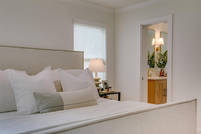 4719 Wateka Dr, Dallas, TX 75209 - bedroom with multiple windows, connected bathroom, crown molding, and a sink