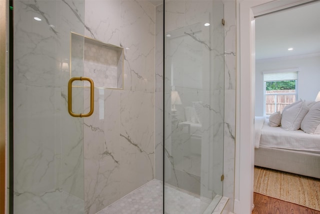 4719 Wateka Dr, Dallas, TX 75209 - full bath featuring ensuite bathroom, a marble finish shower, ornamental molding, and wood finished floors