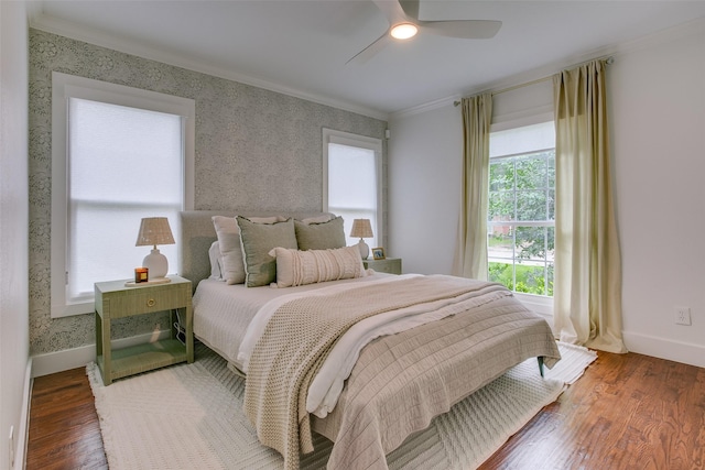 4719 Wateka Dr, Dallas, TX 75209 - bedroom featuring ornamental molding, wood finished floors, baseboards, and ceiling fan