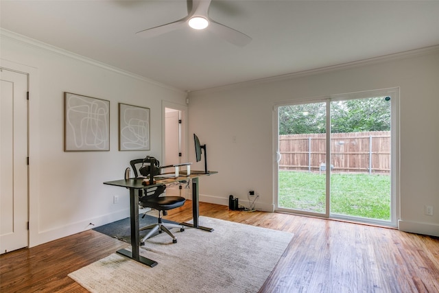 4719 Wateka Dr, Dallas, TX 75209 - unfurnished office featuring crown molding, a ceiling fan, wood finished floors, and baseboards