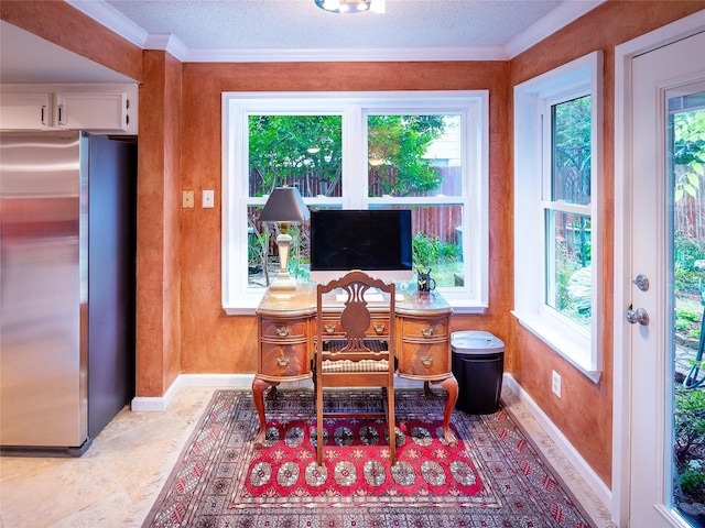 office space featuring baseboards, crown molding, and a textured ceiling