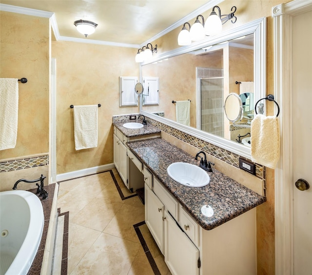 bathroom featuring inlaid floor details, a jetted tub, double vanity, crown molding, and a tile shower