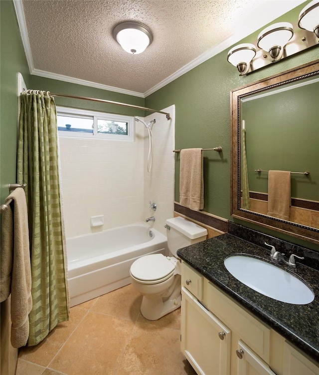 full bathroom featuring ornamental molding, a textured ceiling, shower / bath combo, toilet, and vanity