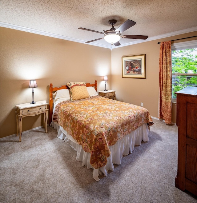 bedroom with crown molding, a textured ceiling, light colored carpet, and a ceiling fan