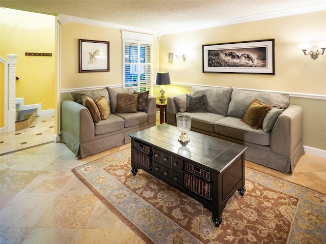 living room with crown molding, stairs, a textured ceiling, and baseboards