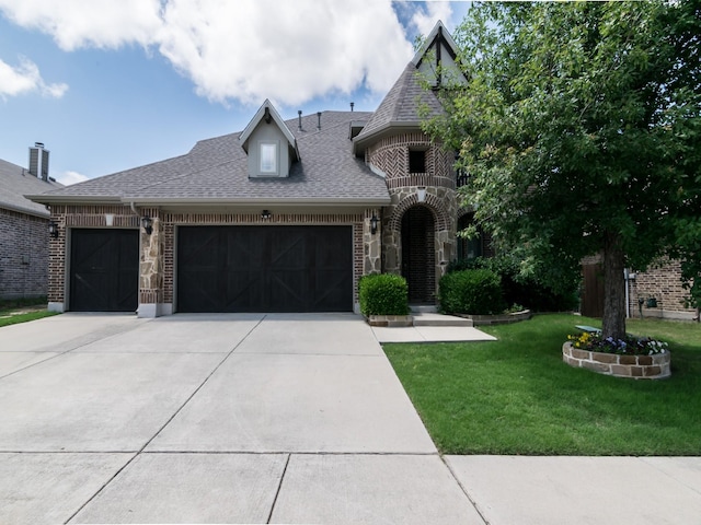 928 Freesia Dr, Little Elm, TX 75068 - french country inspired facade with roof with shingles, a garage, brick siding, and a front lawn