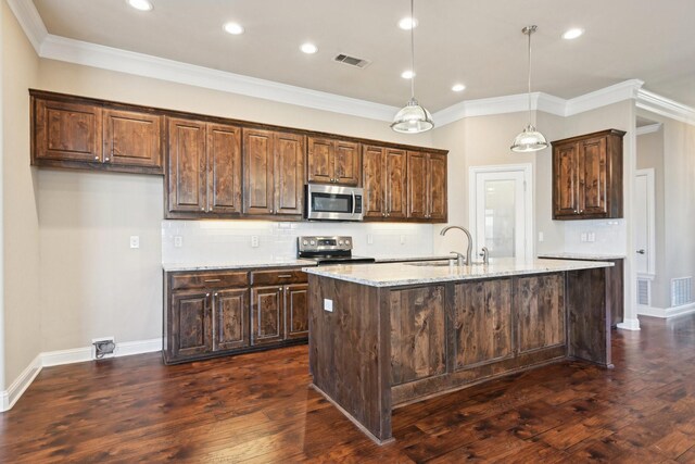 kitchen featuring stainless steel appliances, a sink, backsplash, crown molding, and light stone counters