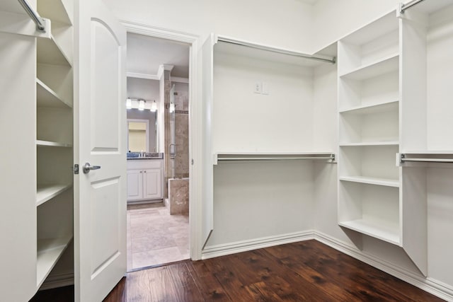 spacious closet with dark wood-style floors