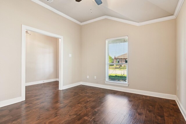 unfurnished room with a ceiling fan, wood finished floors, crown molding, lofted ceiling, and baseboards