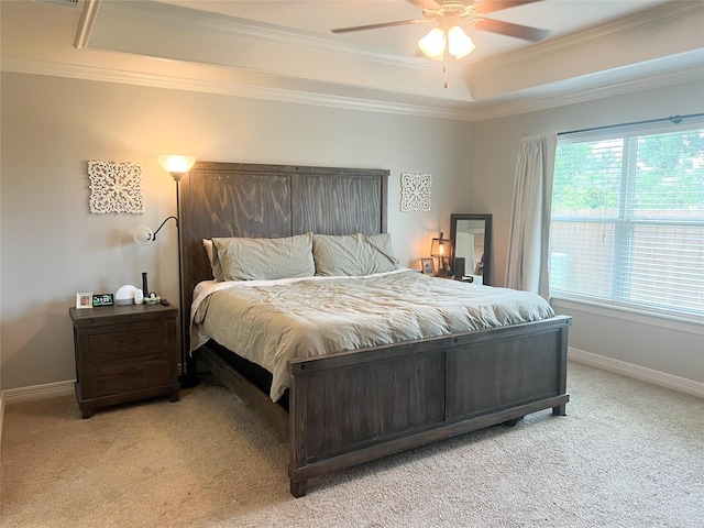 9812 Shadybrooke Dr, Shreveport, LA 71115 - bedroom with light carpet, ornamental molding, a raised ceiling, baseboards, and a ceiling fan