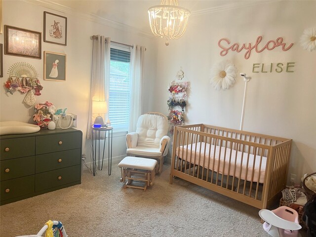 9812 Shadybrooke Dr, Shreveport, LA 71115 - bedroom featuring carpet flooring, ornamental molding, a crib, a chandelier, and baseboards