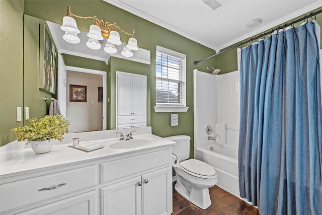 full bathroom with wood finished floors, vanity, toilet, shower / bath combination with curtain, and ornamental molding