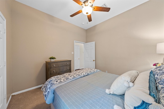 bedroom featuring carpet flooring, baseboards, and ceiling fan