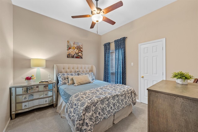 bedroom featuring carpet floors, baseboards, and ceiling fan