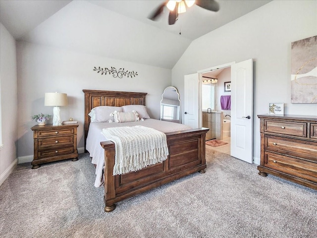 1152 Snowy Owl Dr, Alvarado, TX 76009 - bedroom featuring light carpet, lofted ceiling, connected bathroom, baseboards, and ceiling fan